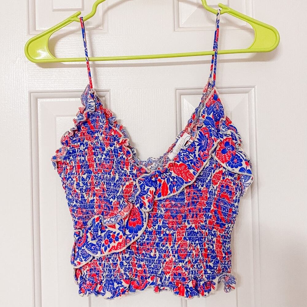 OLIVACEOUS • Red + Blue Ruffle Smocked Crop Tank Top